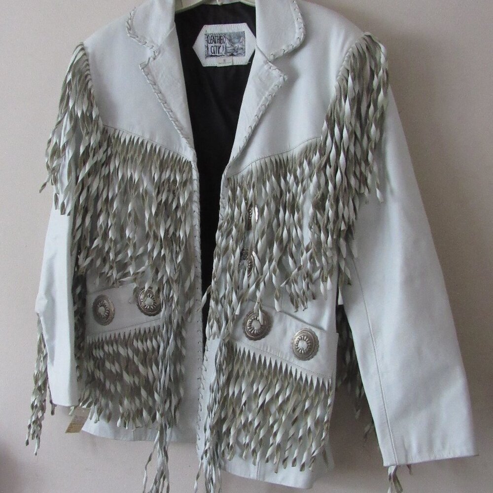 White Leather Fringe Jacket Women Size Small Leather City